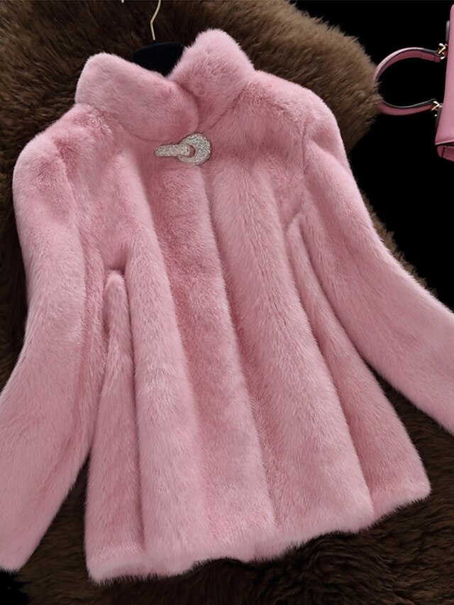  Women's Fur Coat Winter Daily Regular Coat Stand Collar Simple Casual Jacket Long Sleeve Fur Trim Solid Colored Blushing Pink White Black