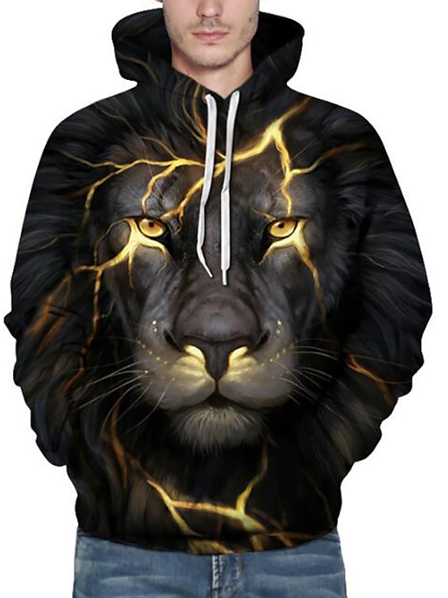  Homme Grande Taille 3D Lion Animal Capuche Imprimer 3D effet Fin de semaine Actif Pulls Capuche Pulls molletonnés Ample Manches Longues Noir / L'autume / L'hiver