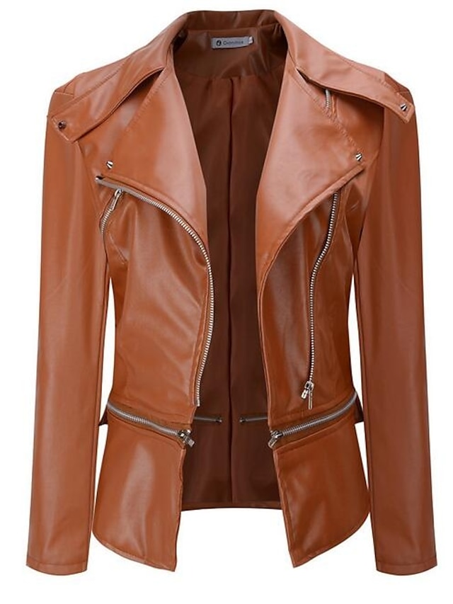 Women's Faux Leather Jacket Casual Regular Fit Outerwear Long Sleeve Winter Fall Black Wine Brown Streetwear Going out M L XL