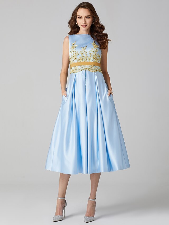  A-Line Cocktail Dresses Elegant Dress Wedding Guest Prom Tea Length Sleeveless Jewel Neck Satin V Back with Pleats Appliques 2024