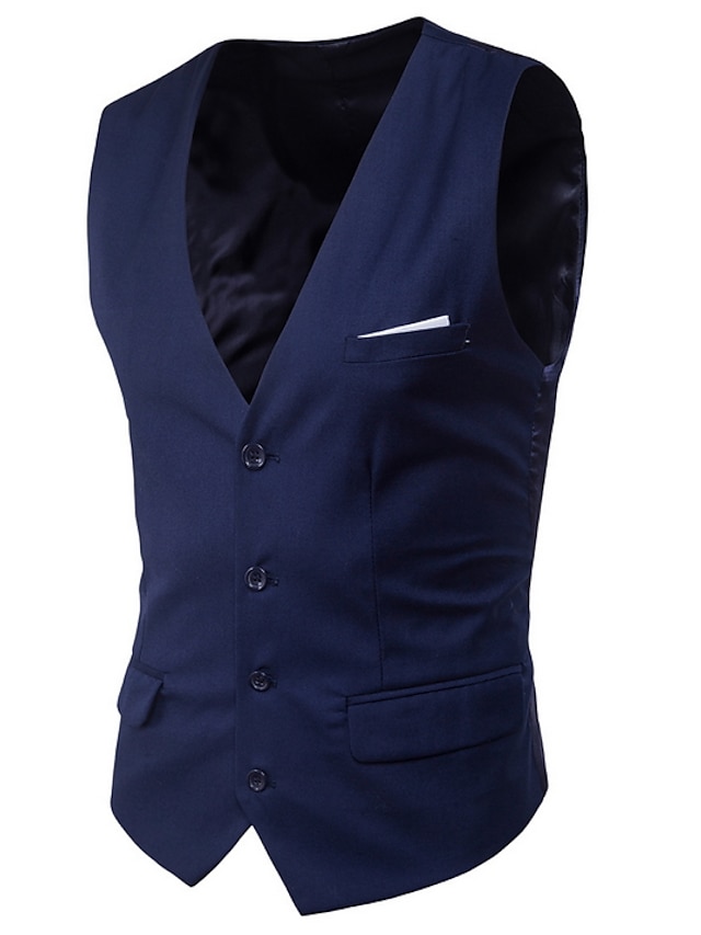  Men's Winter Coat Vest Waistcoat Wedding Business Casual Smart Casual Spring Classic Style Polyester Solid Colored V Neck Black Wine Red Navy Blue Vest