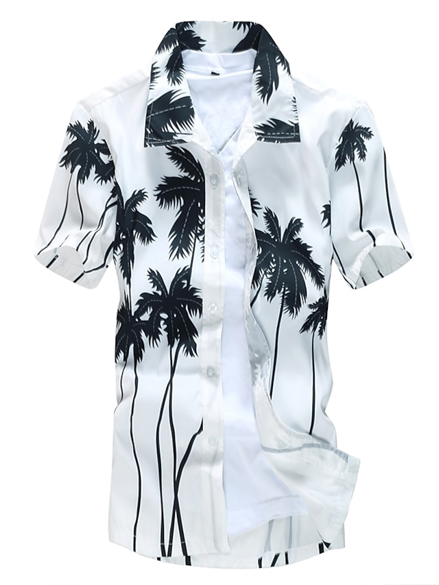  Men's Shirt Trees / Leaves Spread Collar Plus Size Beach Short Sleeve Print Slim Tops White Yellow / Summer
