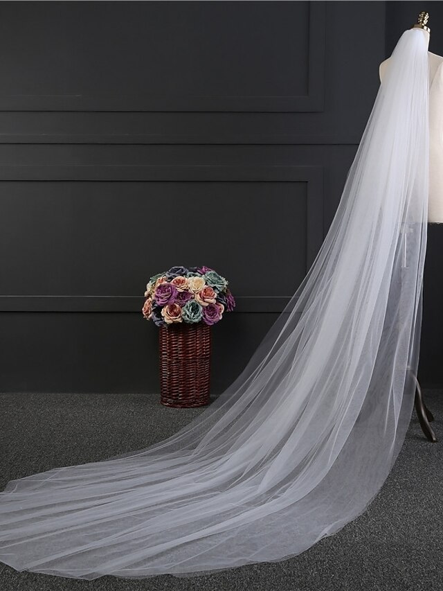  Two-tier Simple Style Wedding Veil Chapel Veils with Fringe Tulle / Straight Cut