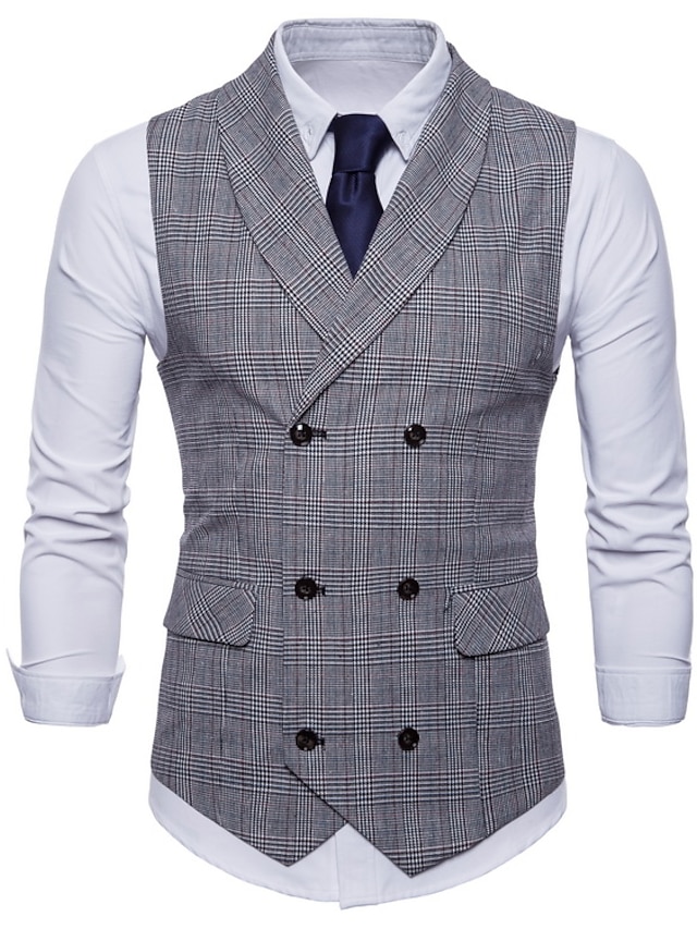  Men's Vest Suit Vest Waistcoat Wedding Work Business Holiday Formal Gentle Spring Fall Polyester Plaid Shirt Collar Slim Brown Light Grey Dark Gray Vest