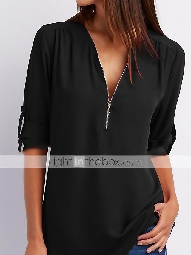  Women's Blouse Solid Colored Daily Going out Long Sleeve Blouse Shirt V Neck Quarter Zip Basic Essential Loose Black Pink Wine S