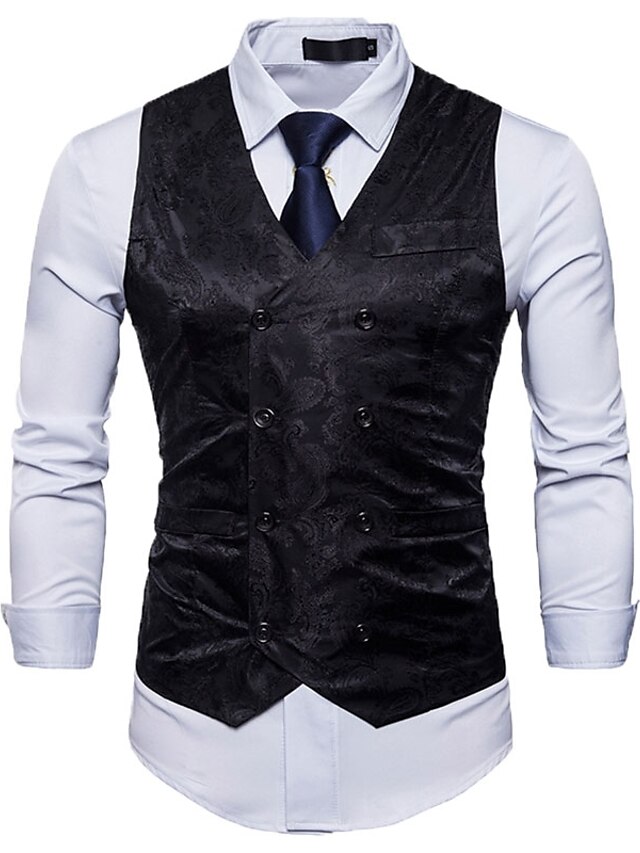  Men's Vest Work Solid Colored / Floral Print Cotton / Polyester Men's Suit Blue / Gold / White V Neck / Fall / Spring / Sleeveless / Business Casual
