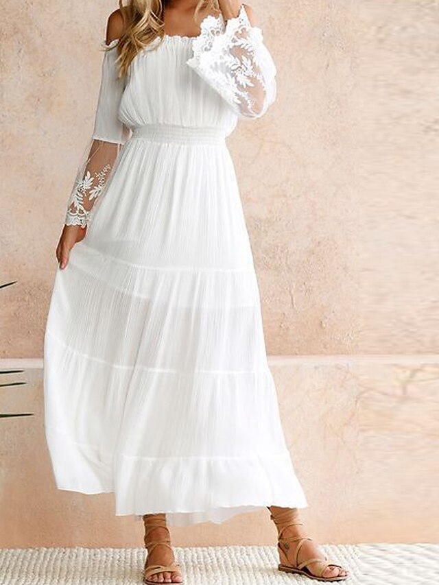  Women's Swing Dress Maxi long Dress White Long Sleeve White Solid Colored Lace Spring Summer Off Shoulder Hot Elegant Party Beach Loose Off Shoulder S M L XL