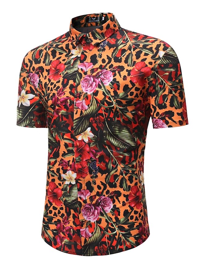  Men's Shirt Floral Leopard Shirt Collar Plus Size Holiday Going out Short Sleeve Print Tops Chinoiserie Boho Orange / Spring / Summer / Beach