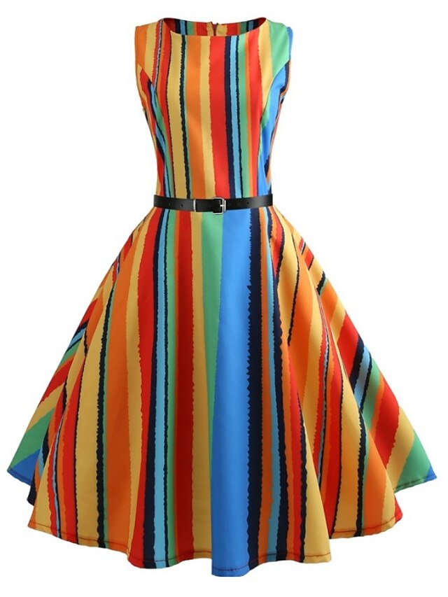  Women's 1950s Vintage A Line Dress - Striped Rainbow Print Summer Rainbow S M L XL