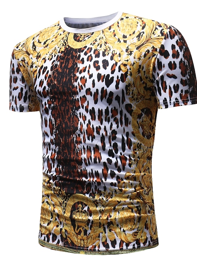  Herre T-shirt Grafisk Leopard Rund hals Daglig Ferie Kortærmet Toppe Basale Punk & Gotisk Guld / Sommer