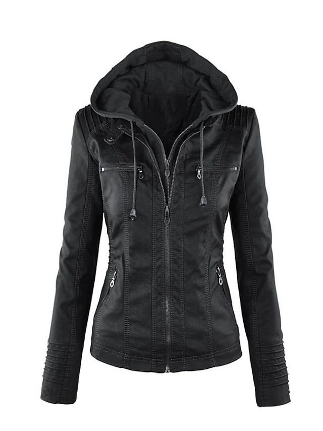  Women's Jacket Faux Leather Jacket Hoodie Jacket Casual Mountain Bike Coat Short Faux Leather White Black Light Brown Fall Winter Spring Hoodie Regular Fit S M L XL XXL 3XL / Long Sleeve / V Neck