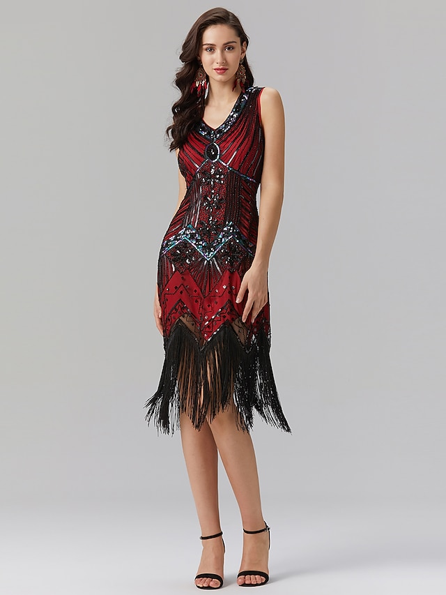  Sheath / Column Flapper 1920s Fashion Party Wear Cocktail Party Valentine's Day Dress V Neck Sleeveless Tea Length Polyester with Crystals Tassel 2021