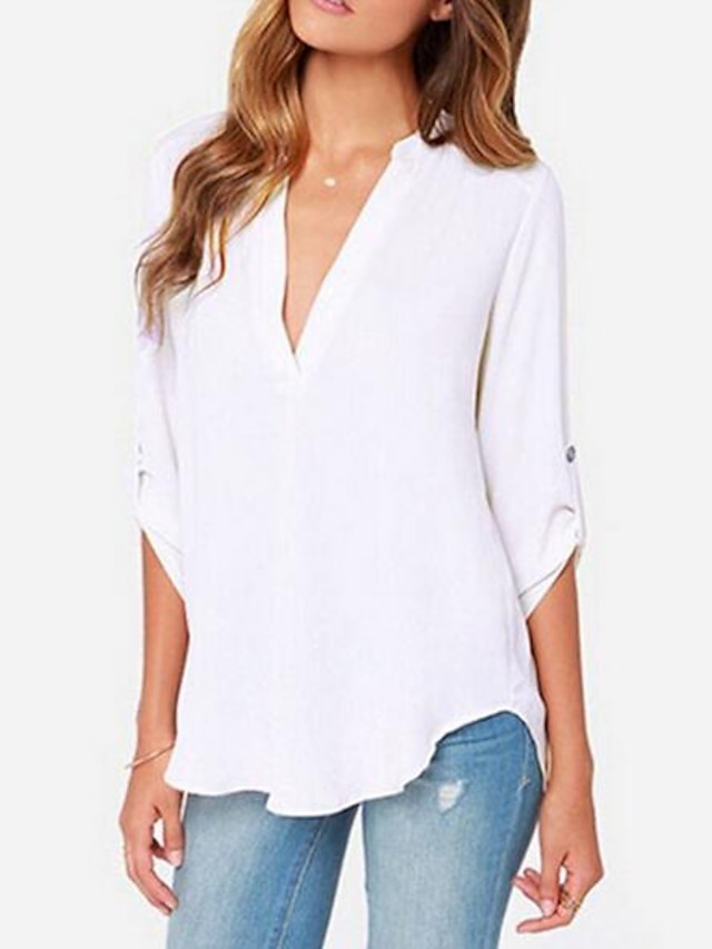  Women's Shirt Blouse Plain Black White Wine Long Sleeve Casual