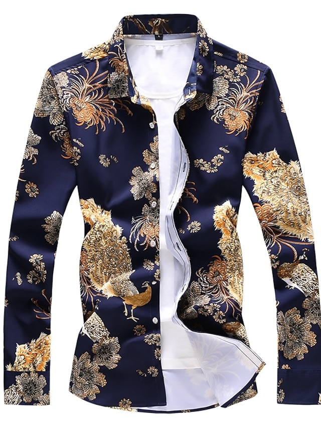  Men's Shirt Floral Animal Collar Shirt Collar Daily Going out Long Sleeve Print Slim Tops Basic Navy Blue / Fall / Spring