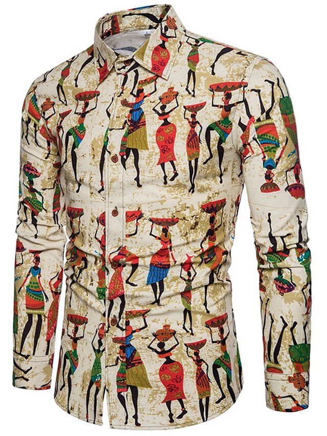  Men's Shirt Cartoon Geometric Tribal Shirt Collar Daily Long Sleeve Print Tops Khaki / Spring