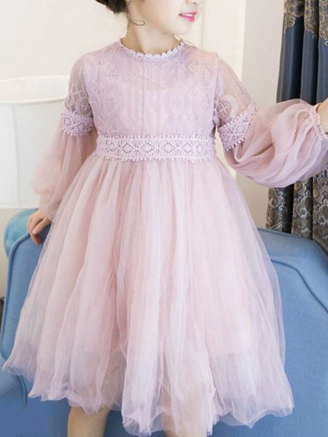  Kids Little Dress Girls' Daily Tulle Dress Mesh Lace Blushing Pink White Long Sleeve Sweet Dresses Fall Spring