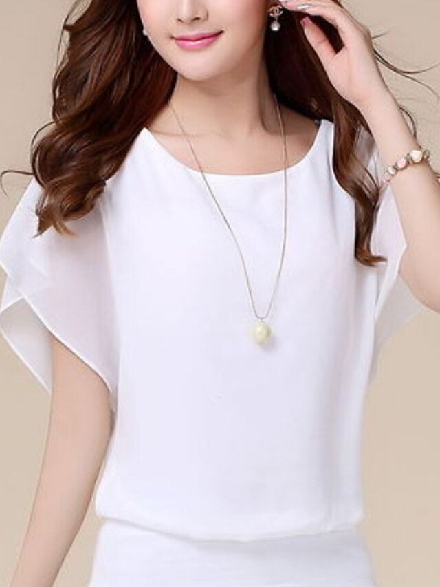 Women's Blouse Shirt Plain Solid Colored Round Neck Tops White Black Blue