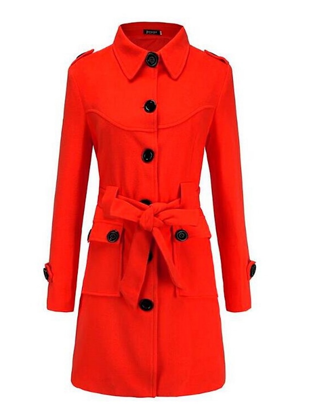  Women's Trench Coat Fall & Winter Valentine's Day Going out Long Coat Shirt Collar Regular Fit Jacket Long Sleeve Solid Colored Black Red White