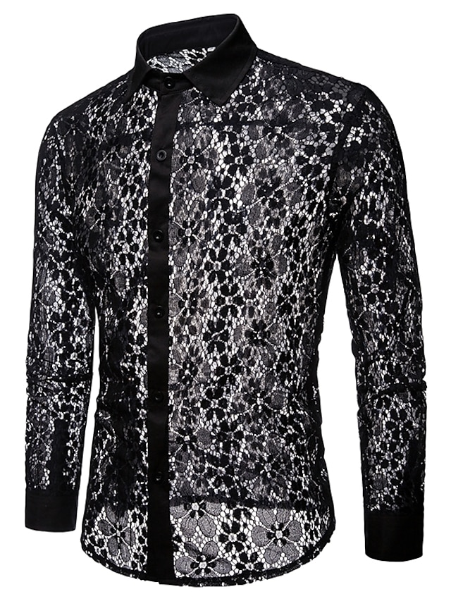  Men's Shirt Prom Shirt Collar Solid Colored White Black Long Sleeve Lace Mesh Party Club Tops Basic Sexy / Cut Out