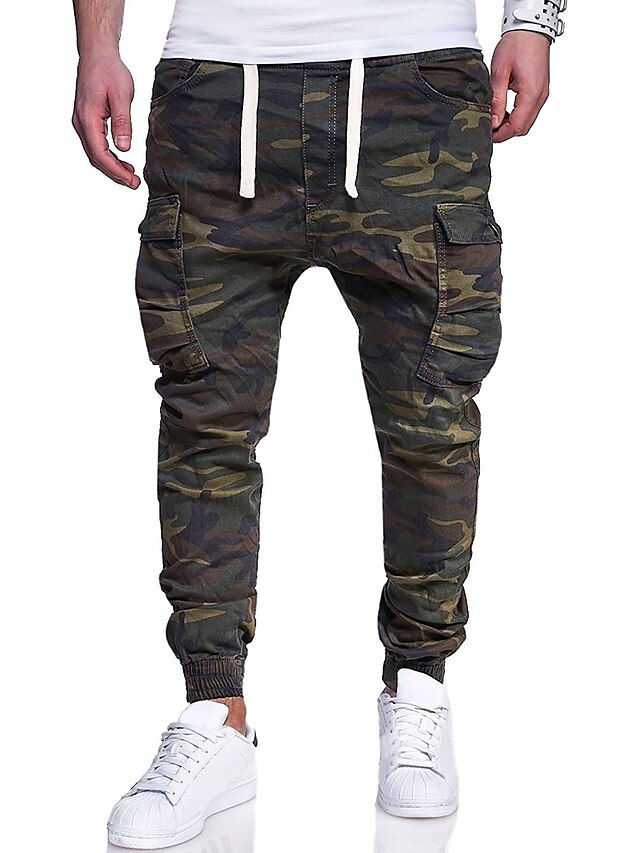  Men's Sporty Active Elastic Waistband Drawstring Print Sweatpants Trousers Cargo Pants Plus Size Full Length Pants Inelastic Sports & Outdoor Daily Camo / Camouflage Mid Waist Army Green M L XL XXL