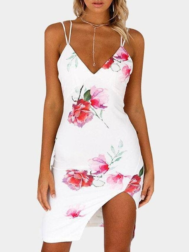  Women's Bodycon White Navy Blue Sleeveless Floral Print Summer Strap Sexy Going out Slim S M L XL