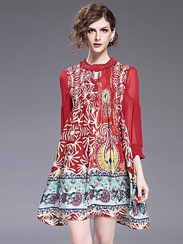  Women's Going out / Weekend Basic / Chinoiserie Loose A Line / Swing Dress Rivet / Print Summer Red M L XL