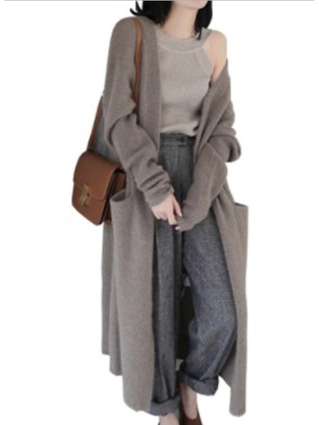  Women's Daily Solid Colored Long Sleeve Loose Long Cardigan Sweater Jumper, V Neck Black / Camel One-Size