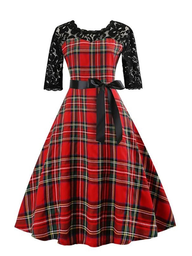  Women's A Line Dress - Half Sleeve Plaid / Check Lace Print Summer 1950s Vintage Christmas Holiday Going out Red S M L XL XXL