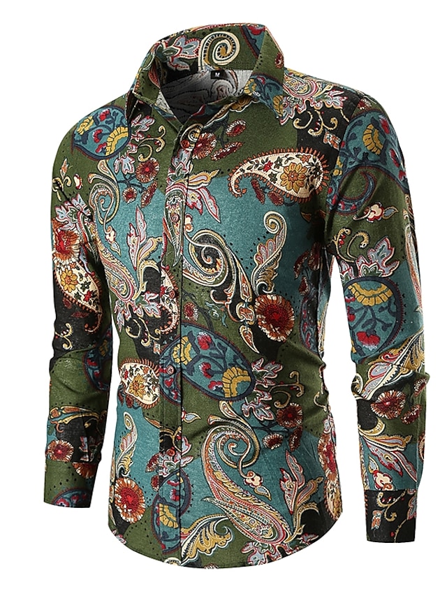  Men's Shirt Graphic Shirt Collar Paisley Tribal Green Yellow Army Green Red Street Daily Clothing Apparel Basic Vintage Fashion Cool / Long Sleeve / Wash with similar colours / Designer / Breathable