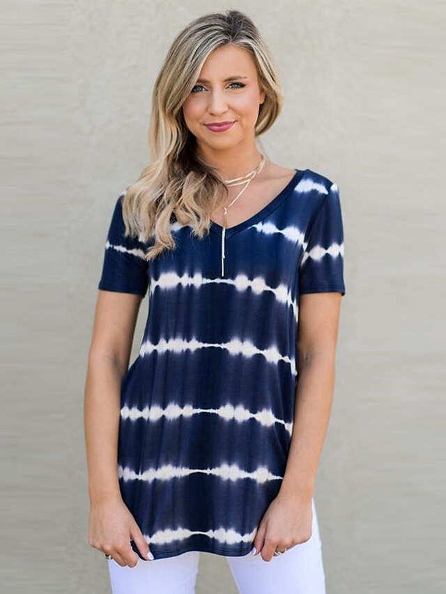  Women's Striped Print T-shirt - Cotton Basic Daily Blue