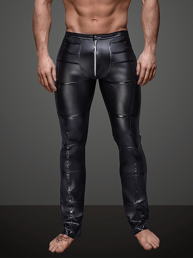  Men's Daily Club Faux Leather PU Sporty Legging Pure Color Solid Colored Mid Waist Black S M L / Zipper