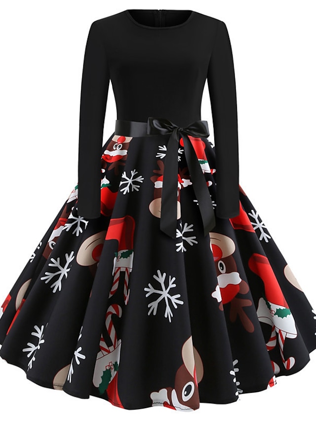  Women's A-Line Dress Midi Dress - Long Sleeve Color Block Fall Winter Basic Christmas Black S M L XL XXL