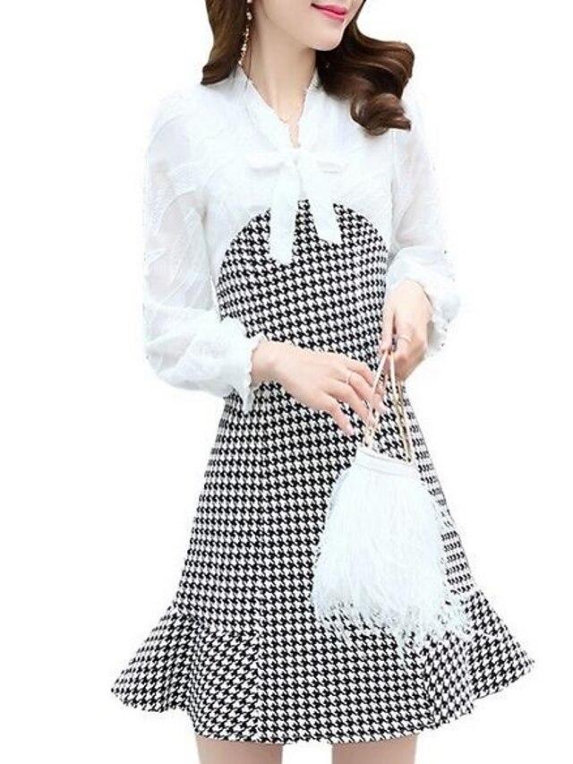  Women's Daily Basic A Line Dress - Check V Neck Black White S M L XL