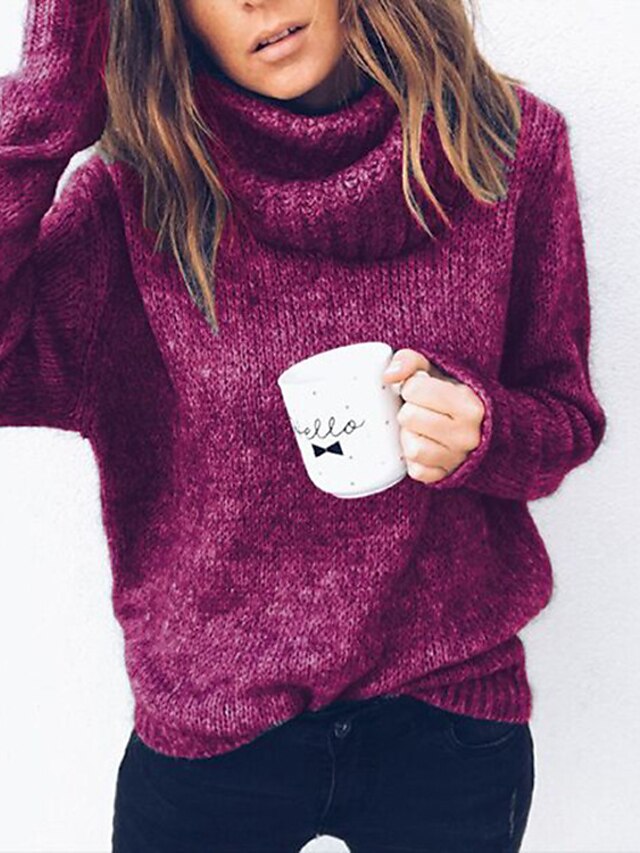  Women's Pullover Jumper Sweater Solid Color Knitted Stylish Basic Casual Long Sleeve Regular Fit Sweater Cardigans Fall Winter Turtleneck Blushing Pink Black Fuchsia / Going out