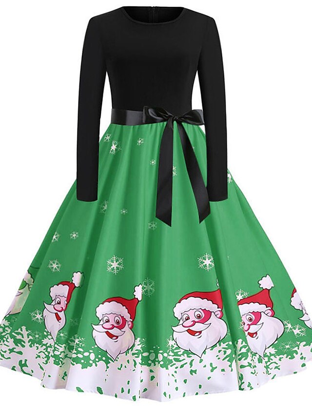  Mujer Vestido de Columpio Vestido hasta la Rodilla Azul Piscina Morado Verde Trébol Rojo Manga Larga Estampado Acordonado Estampado Otoño Escote Redondo Casual Navidad Corte Ancho 2021 S M L XL XXL