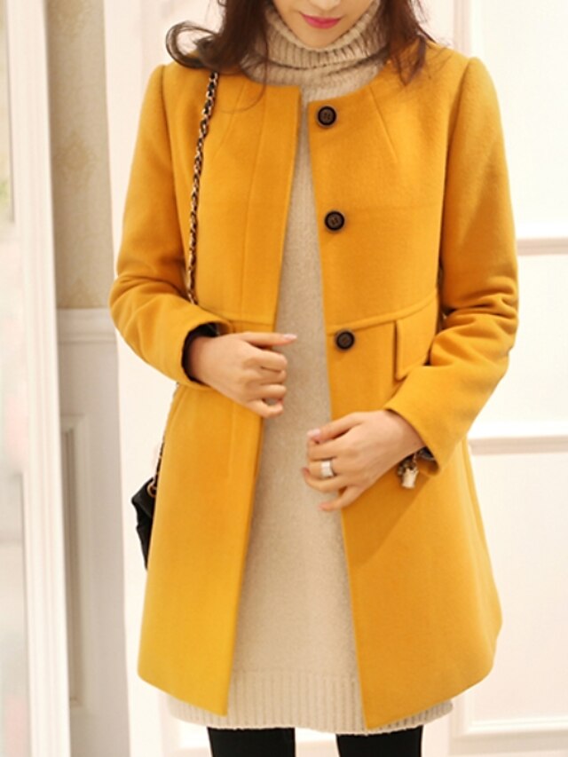  Women's Coat Daily Long Coat Turtleneck Slim Basic Jacket Long Sleeve Solid Colored Yellow Black / Plus Size