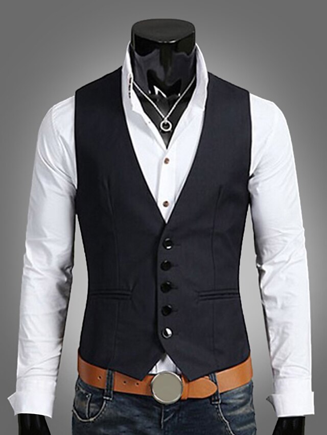  Men's Vest Work Solid Colored Slim Polyester Men's Suit Navy Blue / Black / Brown / Sleeveless / Plus Size / Business Formal