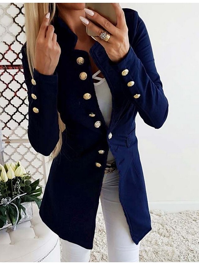  Women's Blazer Solid Colored Basic Long Sleeve Coat Fall Daily Long Jacket Blue / Stand Collar / Slim