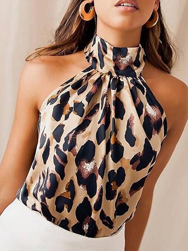  Women's Leopard Cheetah Print Daily Sleeveless Blouse Tank Top Shirt Halter Neck Tops Slim Yellow S