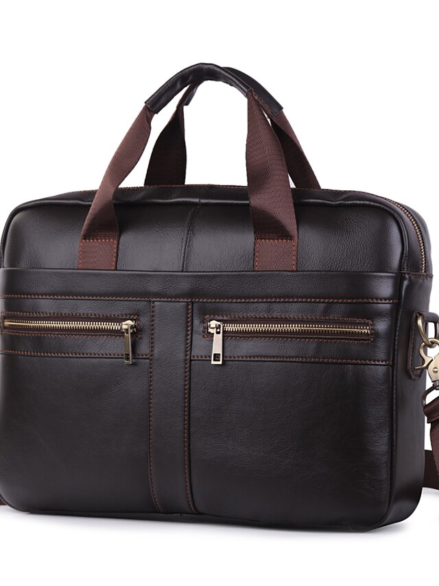  Men's Bags Nappa Leather Laptop Bag Briefcase Top Handle Bag Belt Zipper Solid Color Handbags Daily Office & Career Dark Brown