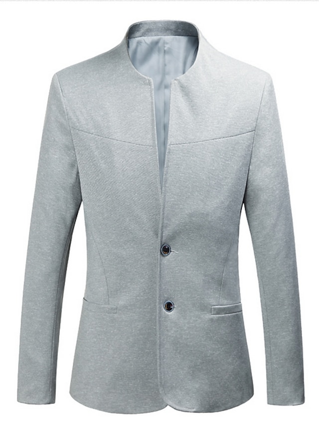  Men's Daily Basic Regular Blazer, Solid Colored V Neck Long Sleeve Cotton / Polyester Black / Navy Blue / Gray