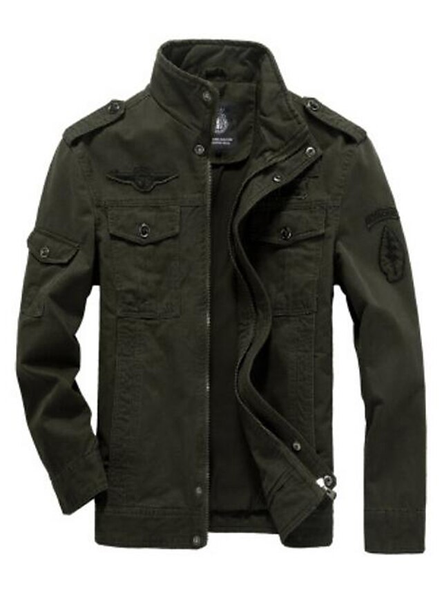  Men's Jacket Fall Winter Daily Weekend Regular Coat Stand Collar Regular Fit Basic Jacket Long Sleeve Solid Colored Army Green Khaki Black