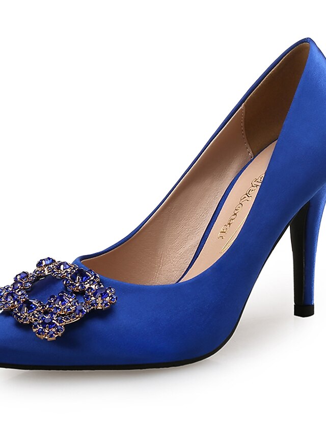  Women's Heels Pumps Pointed Toe Sweet Minimalism Wedding Party & Evening Walking Shoes Satin Rhinestone Solid Colored Summer Royal Blue Gray / 3-4