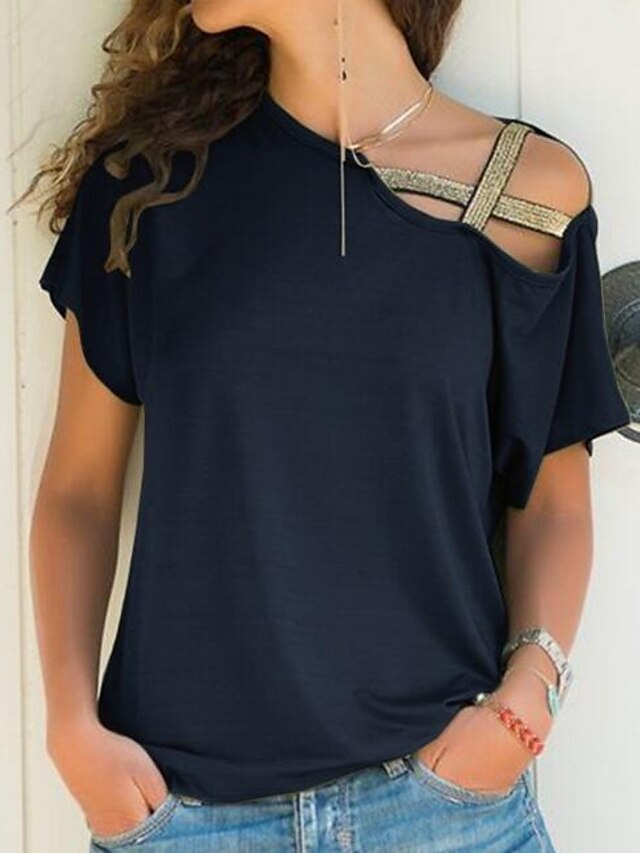  T-shirt Femme Quotidien Couleur Pleine Manches Courtes Transparent Epaules Dénudées Une Epaule basique Noir Bleu Violet Hauts Standard Coton