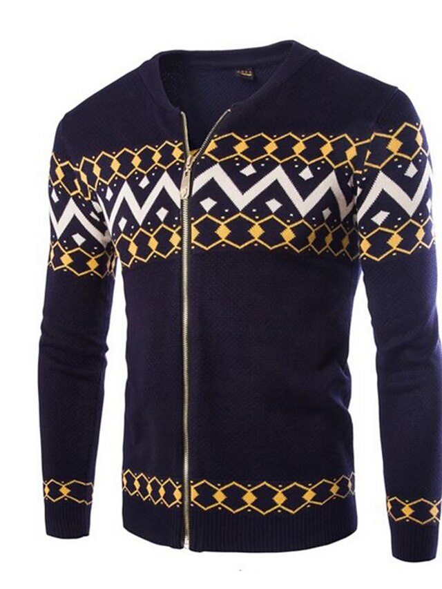  Herre Daglig Geometrisk mønster Langærmet Tynd Normal Cardigan Sweater Jumper Sort / Blå / Navyblå L / XL / XXL