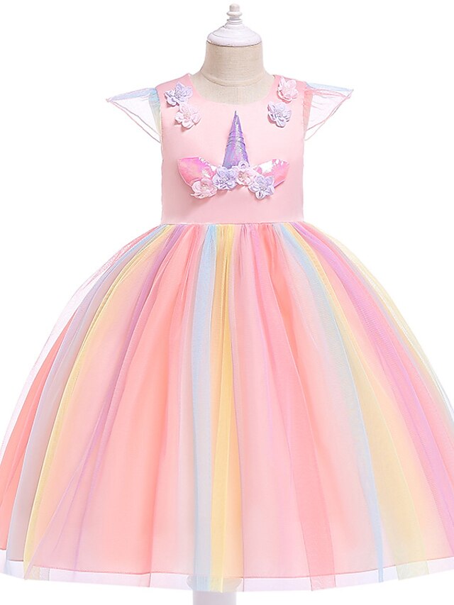  Kids Little Dress Girls' Rainbow Patchwork Colorful Unicorn Party Holiday Tulle Dress Cartoon Purple Pink Yellow Knee-length Tulle Short Sleeve Active Princess Sweet Dresses Spring Summer 2-9 Years