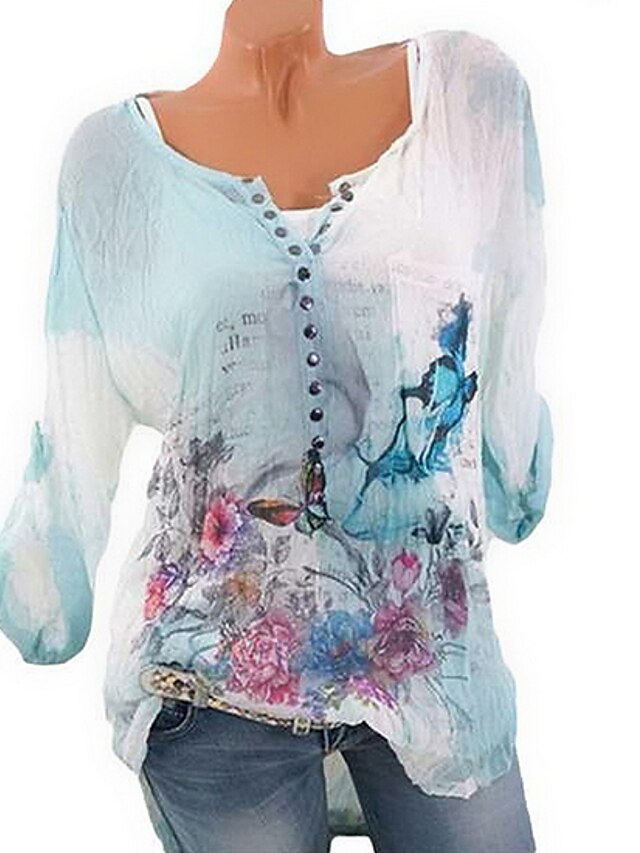  Women's Blouse Shirt Blue Floral Flower Print Long Sleeve Daily Casual Chinoiserie Round Neck Regular Plus Size S