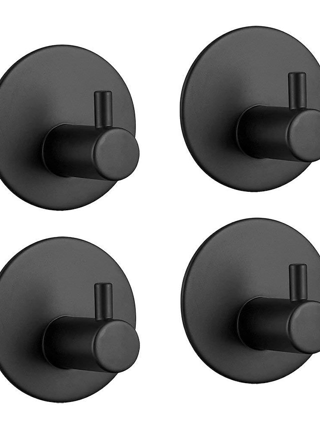  Self-Adhesive Matte Black Wall Mounted Hooks, Stainless Steel Kitchen Bathrooms Robe Black Hooks, Towel Stands Sticky Wall Hook, Bath Towel Hooks 4 Packs
