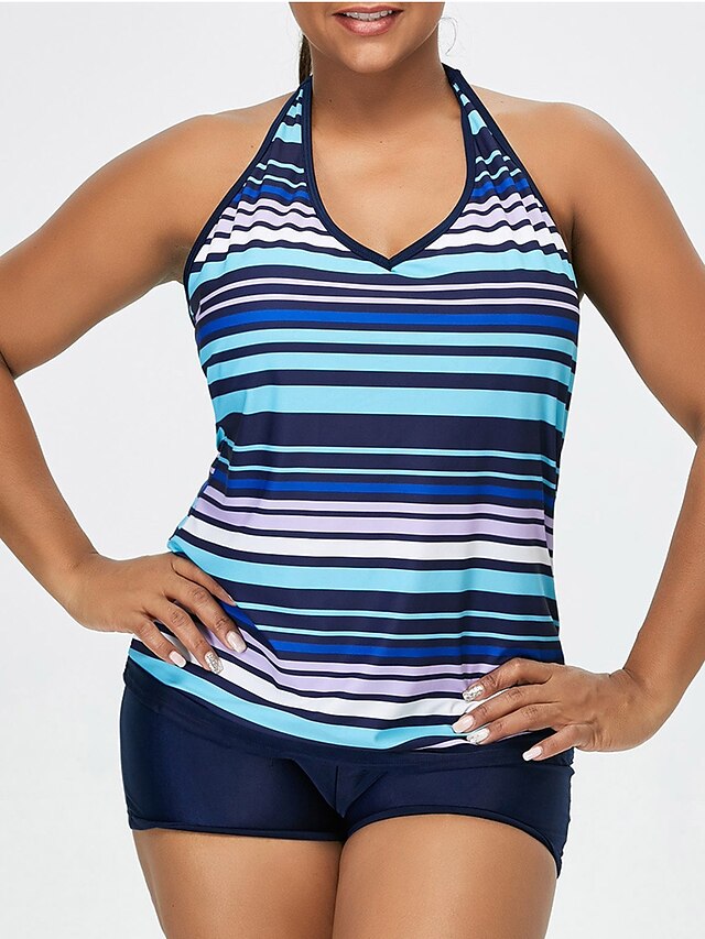  Women's Swimwear Tankini EU / US Size Swimsuit Striped Blue Strap Bathing Suits