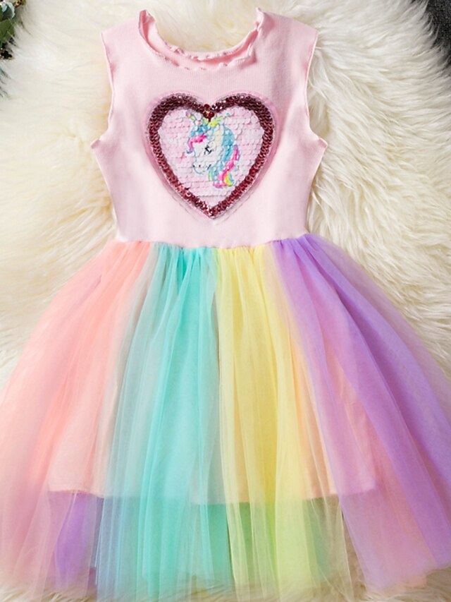  Kids Little Dress Girls' Rainbow Patchwork Daily Tulle Dress Sequins Pink Tulle Sleeveless Basic Cute Dresses Spring Summer 3-12 Years